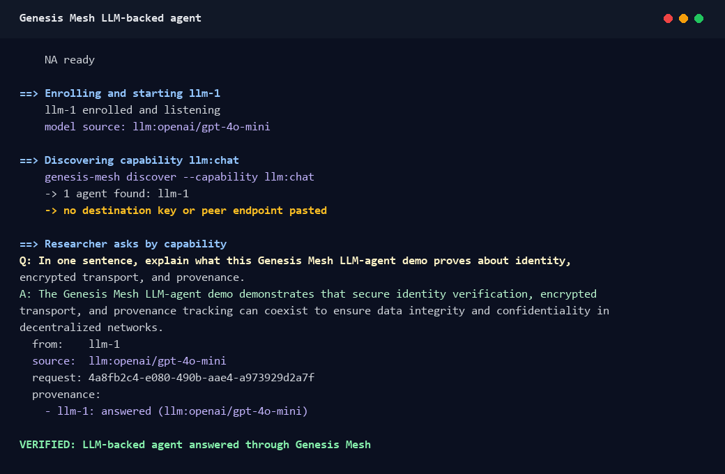 LLM-backed agent capability discovery and provenance over Genesis Mesh